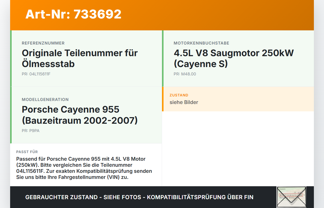 Porsche Cayenne 9PA 955 02-07 4,5 250KW 4800 Ölmessstab Öl Stab Porsche Cayenne 9PA 955 02-07 21.10.2005 gebraucht Vorschau 3