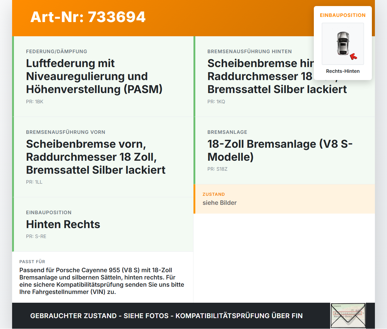 Porsche Cayenne 9PA 955 02-07 4,5 250KW Bremssattel Bremszange Hinten Rechts Porsche Cayenne 9PA 955 02-07... Vorschau 3