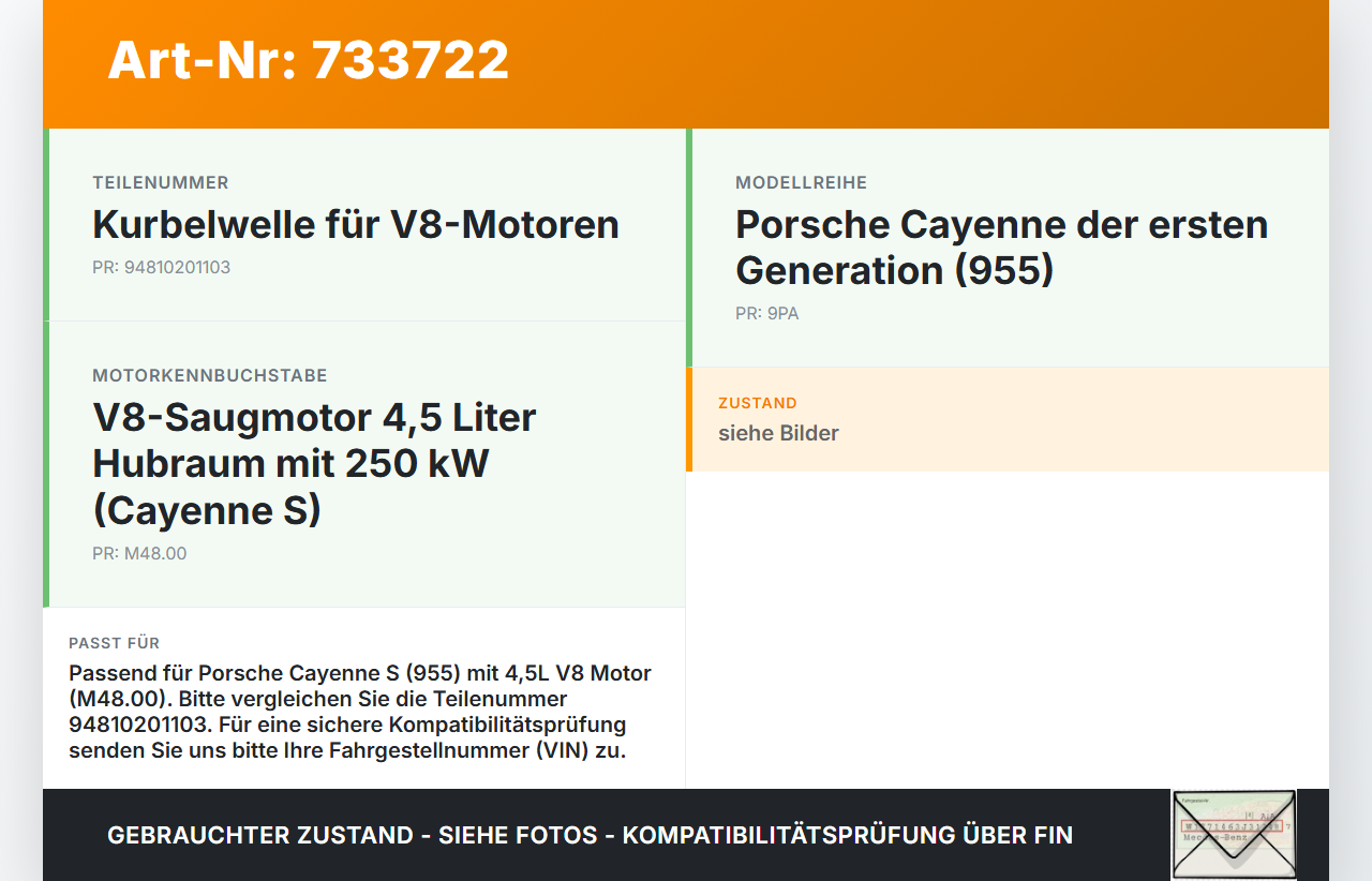Porsche Cayenne 9PA 955 02-07 4,5 250KW 4800 Kurbelwelle Porsche Cayenne 9PA 955 02-07 21.10.2005 94810201103 gebraucht Vorschau 3