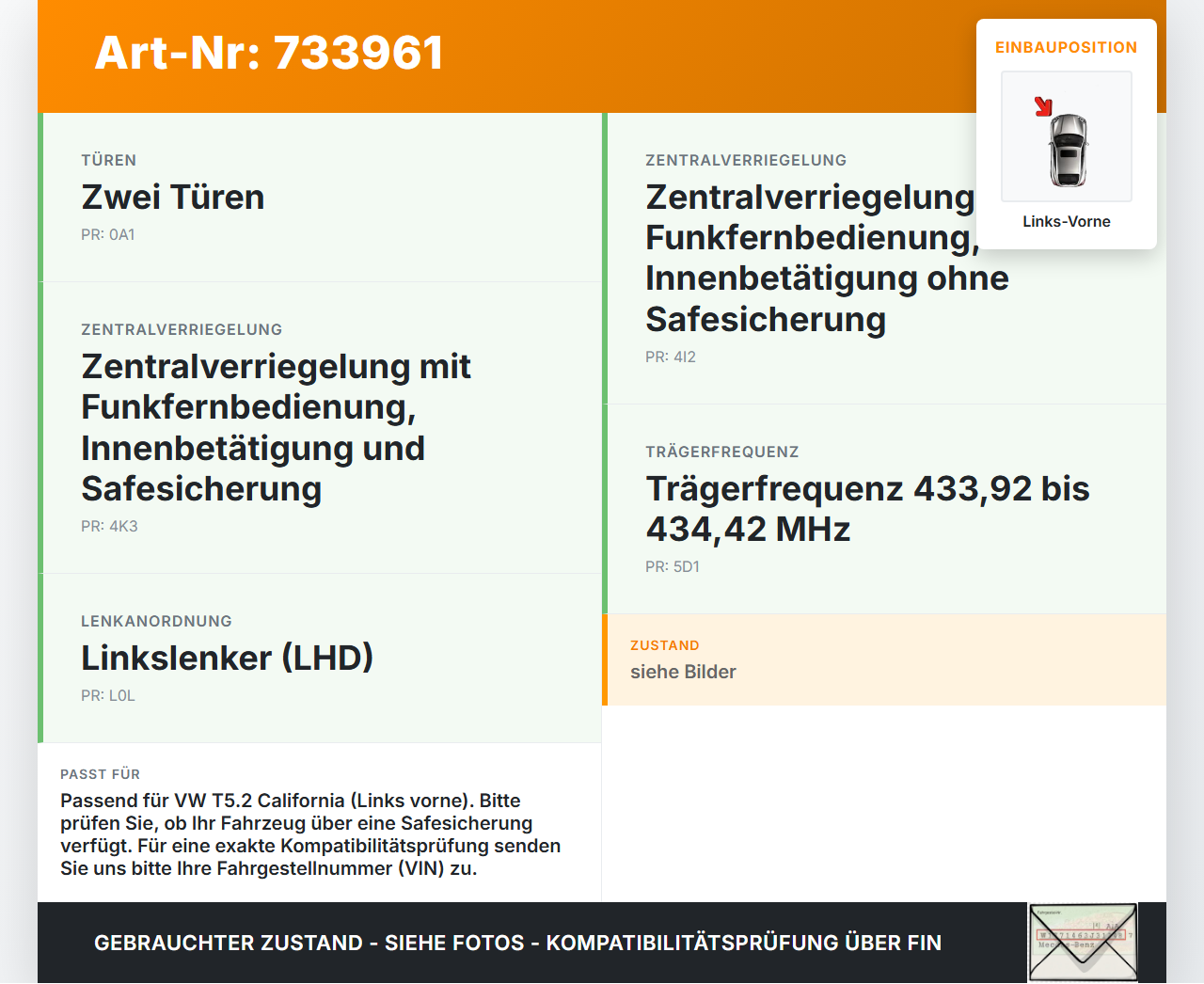 VW T5.2 7H 7E 09-15 California Kurz Türschloss mit ZV Stellmotor Links Vorne VW T5.2 7H 7E 09-15 31.10.2010... Vorschau 3