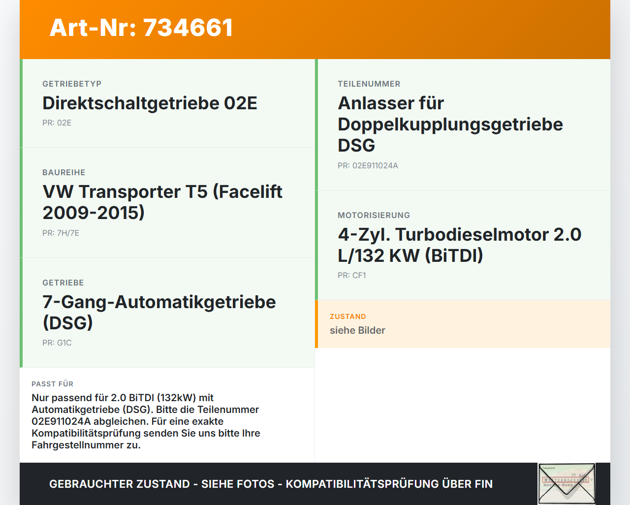 VW T5.2 7H 7E 09-15 BiTDI 2,0 132KW Autom Anlasser Starter VW T5.2 7H 7E 09-15 31.10.2010 02E911024A gebraucht Vorschau 3