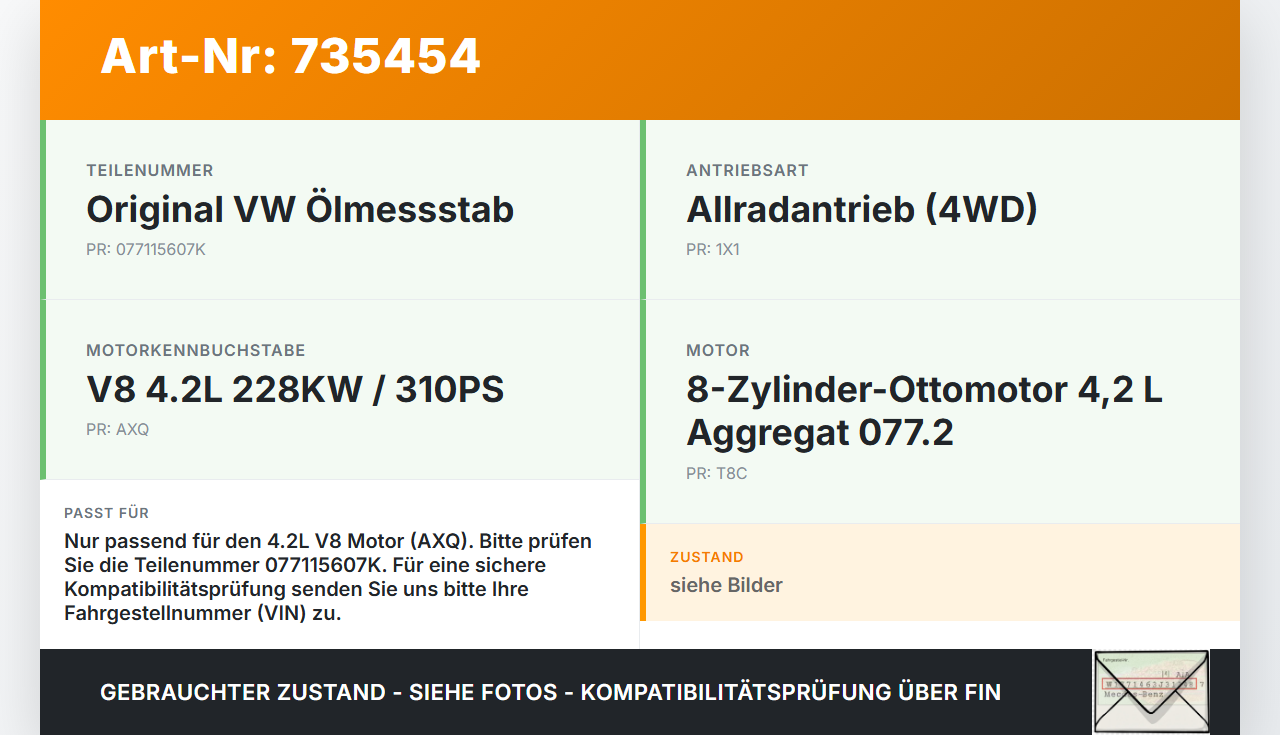 VW Touareg 7L 02-06 V8 4,2 228KW AXQ Ölmessstab Öl Stab VW Touareg 7L 02-06 01.07.2004 077115607K gebraucht Vorschau 3