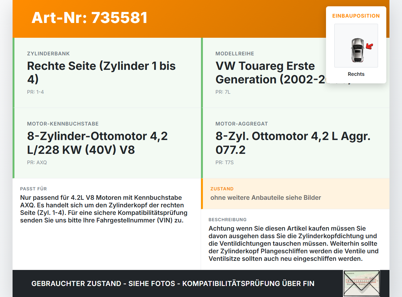 VW Touareg 7L 02-06 V8 4,2 228KW AXQ Zylinderkopf Rechts 1-4 VW Touareg 7L 02-06 01.07.2004 077103266KX gebraucht Vorschau 3