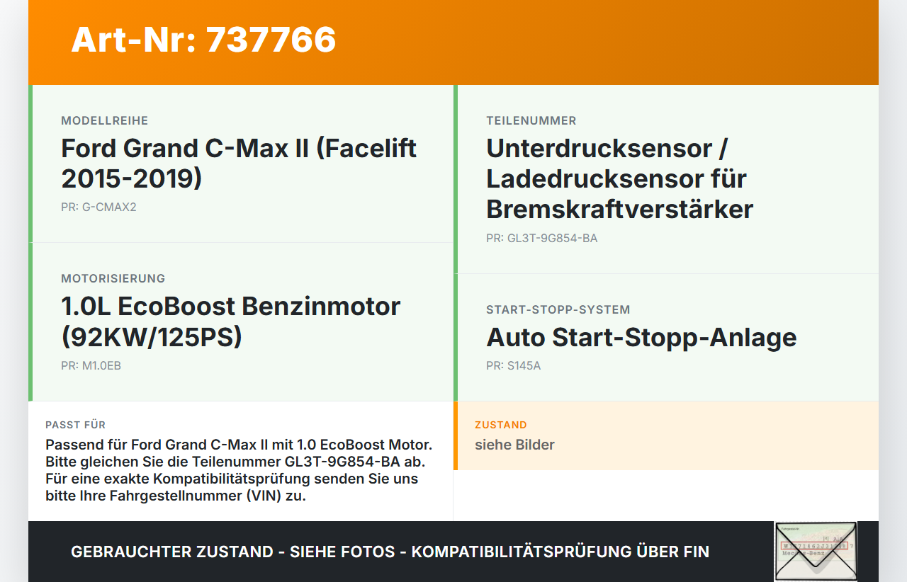 Ford Grand C-Max II 15-19 EcoB 1,0 92KW Sensor Sonstiger Ford Grand C-Max II 15-19 17.10.2018 GL3T-9G854-BA gebraucht Vorschau 3