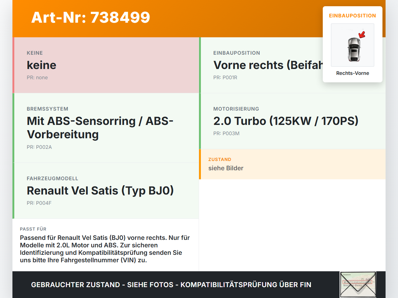 Renault Vel Satis BJ0 05-09 2,0 125KW Achsschenkel Radnabe mit ABS Rechts Vorne Renault Vel Satis BJ0 05-09... Vorschau 3