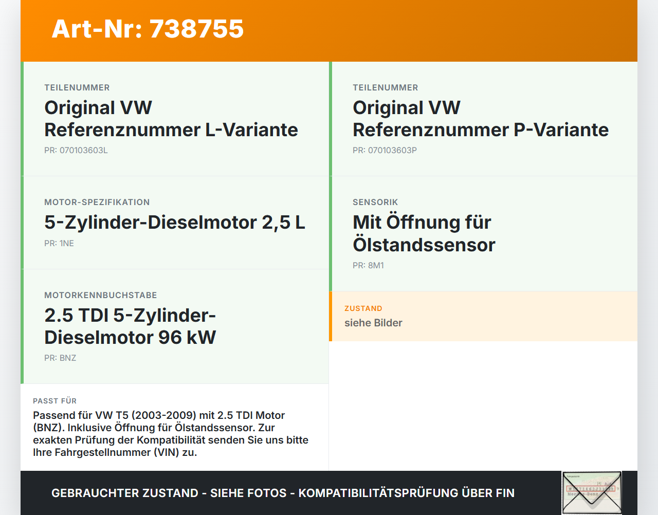 VW T5 7H 03-09 TDI 2,5 96KW BNZ Ölwanne Motorwanne VW T5 7H 03-09 16.05.2006 070103603P 070103603L gebraucht Vorschau 3
