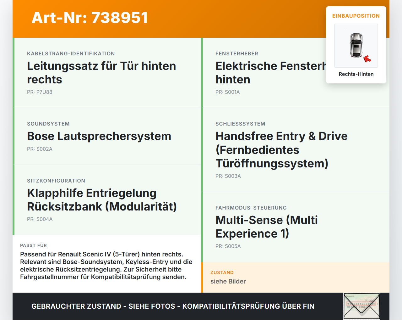 Renault Scenic IV 16-21 Kabelbaum Leitungssatz für Tür und Fensterheber Hinten Rechts Renault Scenic IV 16-21... Vorschau 3