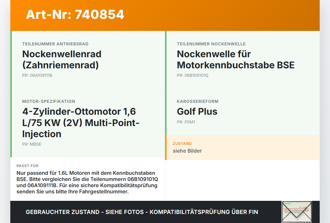 VW Golf 5M Plus 04-08 1,6 75KW BSE Nockenwelle VW Golf 5M Plus 04-08 27.09.2006 06B109101Q gebraucht Vorschau 3