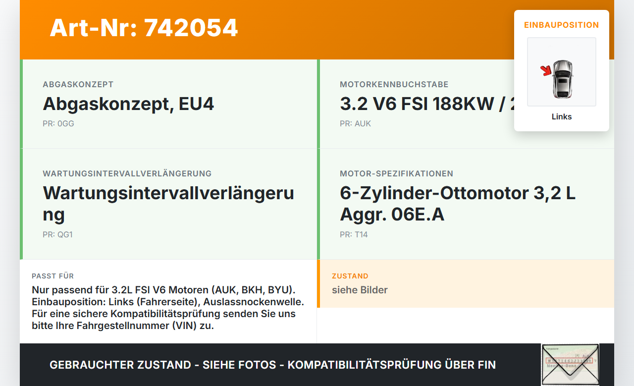 Audi A6 4F C6 04-08 FSI 3,2 188KW AUK Verstellung für Nockenwelle Links Auslass Audi A6 4F C6 04-08 17.10.2006... Vorschau 3