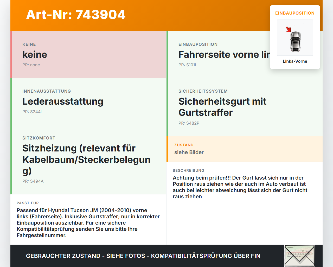 Hyundai Tucson JM 04-10 Gurt Sicherheitsgurt m. Gurtstraffer Fahrer Links Vorne Hyundai Tucson JM 04-10 05.10.2005... Vorschau 3