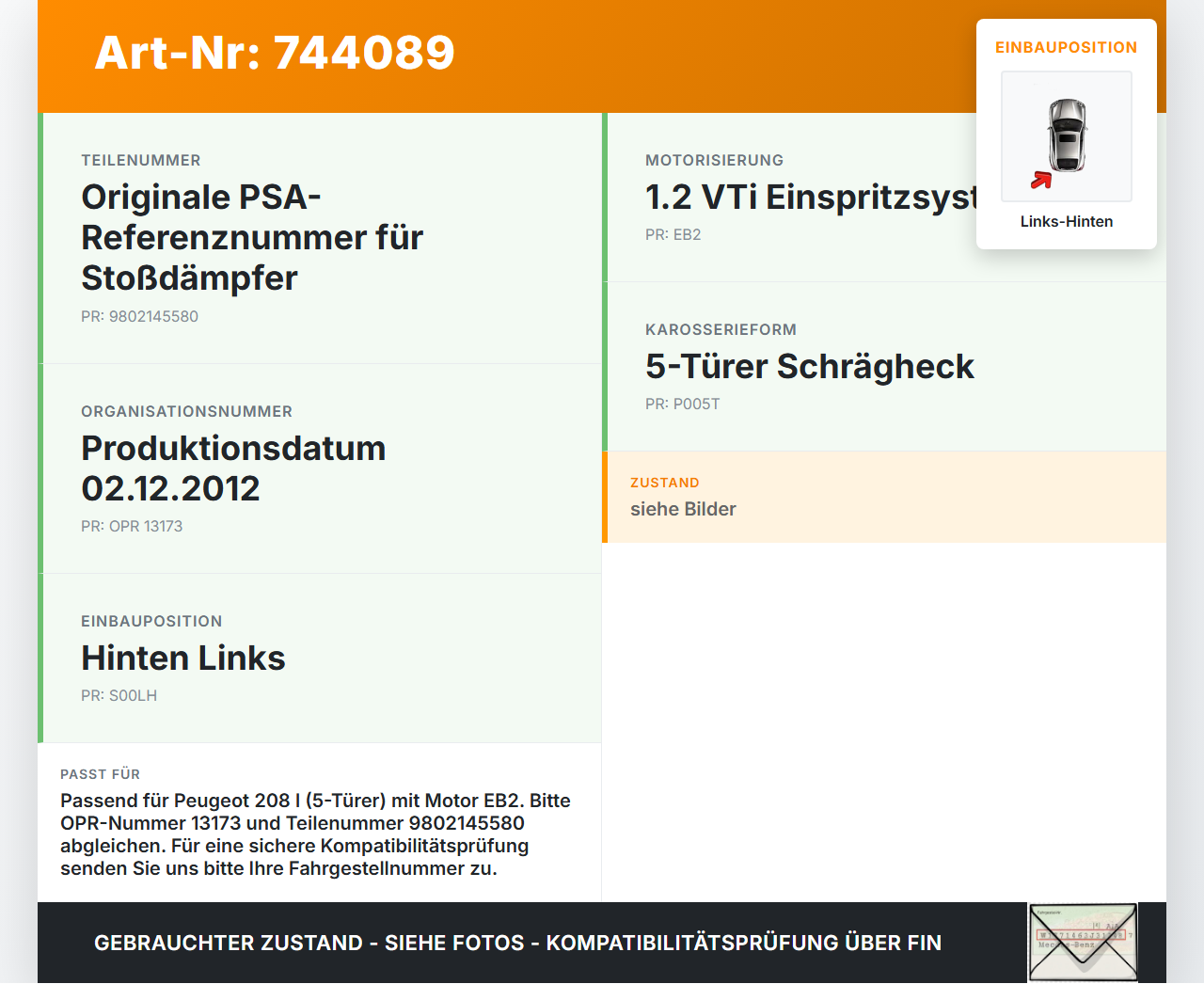Peugeot 208 I 12-15 5T Stossdämpfer Links Hinten Peugeot 208 I 12-15 27.09.2012 9802145580 gebraucht Vorschau 3