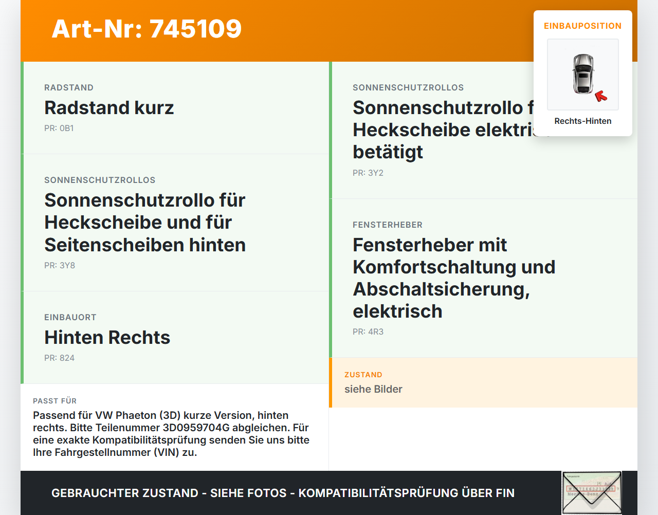 VW Phaeton 3D 01-07 Fensterhebermotor Rechts Hinten VW Phaeton 3D 01-07 12.07.2006 3D0959704G gebraucht Vorschau 3