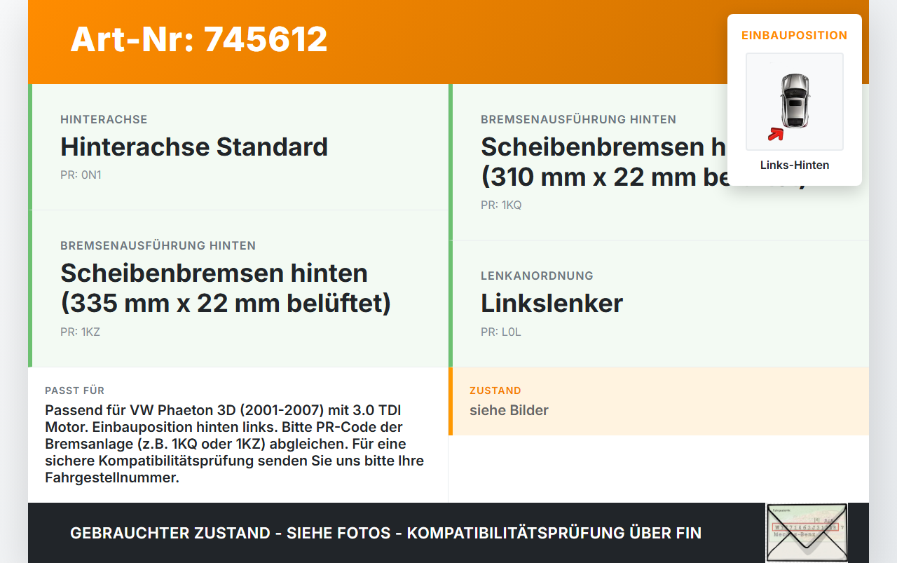 VW Phaeton 3D 01-07 TDI 3,0 176KW Bremssattel Bremszange Hinten Links VW Phaeton 3D 01-07 12.07.2006 3D0615423 gebraucht Vorschau 3