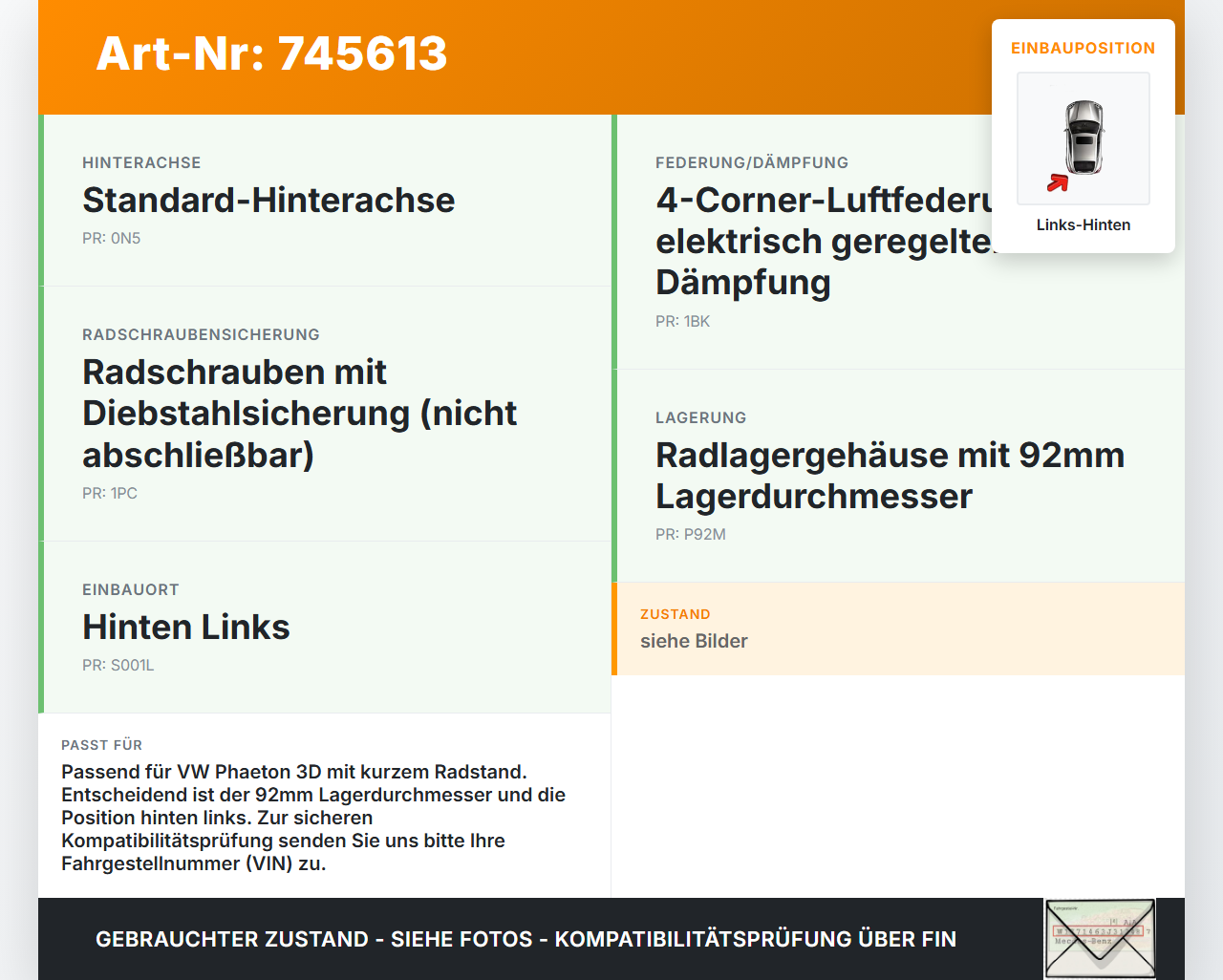 VW Phaeton 3D 01-07  TDI 3,0 176KW Achsschenkel Radnabe mit ABS Links Hinten VW Phaeton 3D 01-07 12.07.2006... Vorschau 3