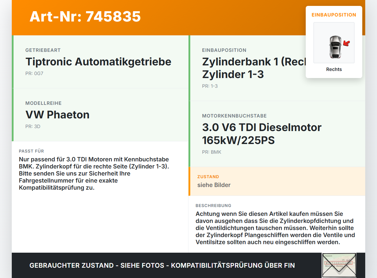 VW Phaeton 3D 01-07 TDI 3,0 176KW BMK Zylinderkopf Rechts VW Phaeton 3D 01-07 12.07.2006 059103064CK gebraucht Vorschau 3