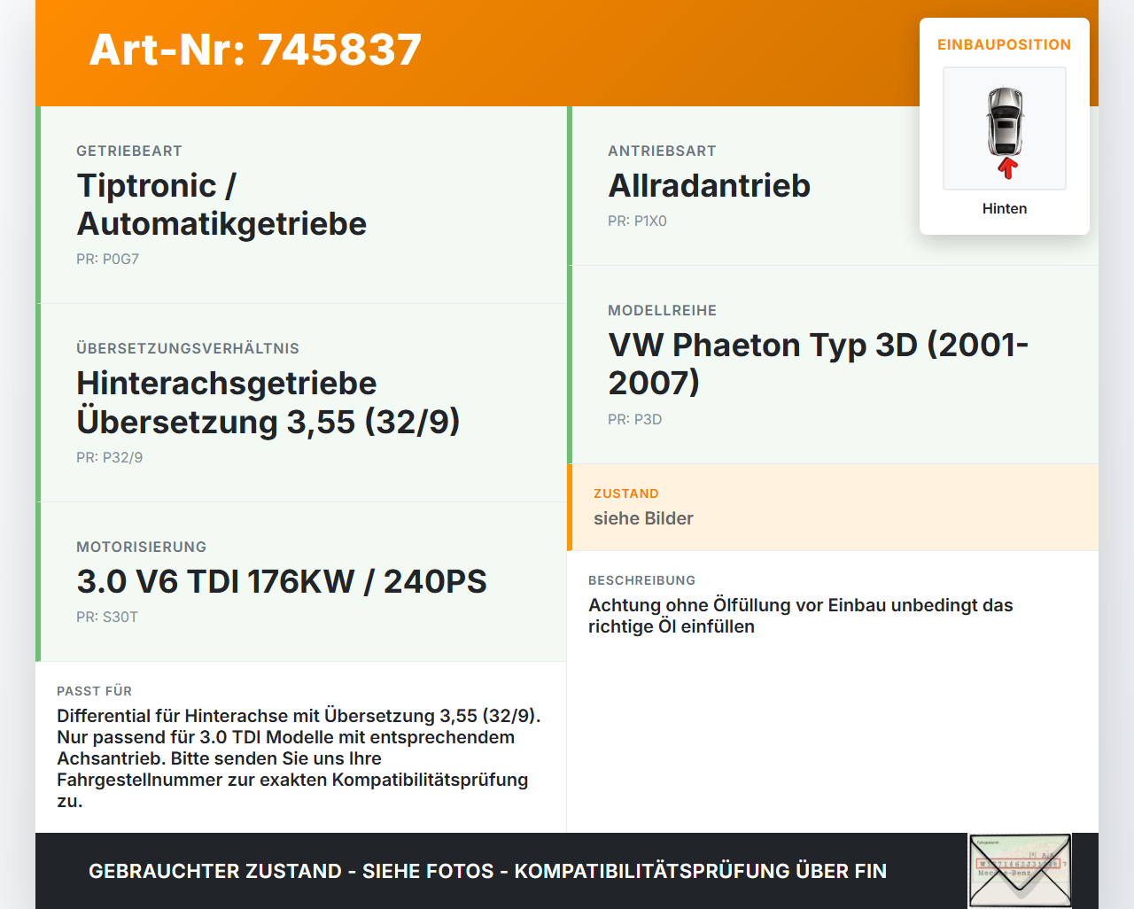 VW Phaeton 3D 01-07 TDI 3,0 176KW Differential Hinterachsgetriebe Hinten 3,55 VW Phaeton 3D 01-07 12.07.2006... Vorschau 3