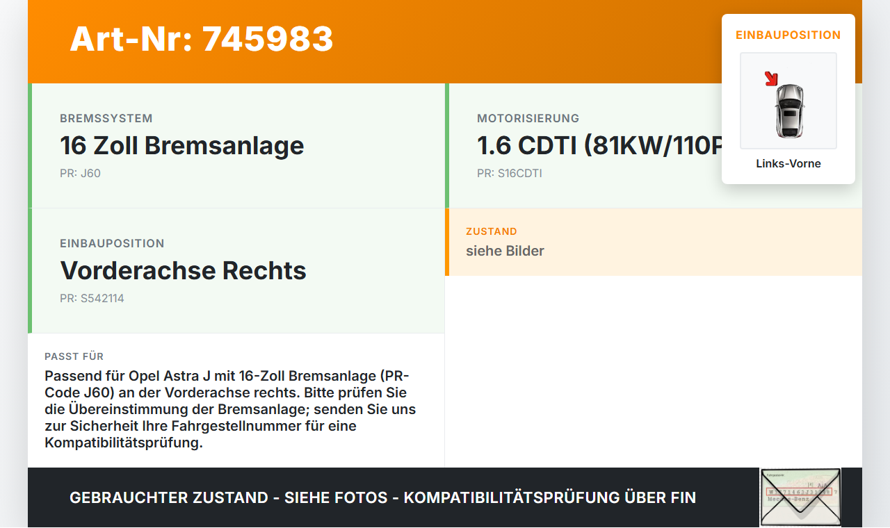 Opel Astra J 12-18 CDTI 1,6 81KW Bremssattel Bremszange Vorne Links Opel Astra J 12-18 24.05.2012 95522604 13301227... Vorschau 3