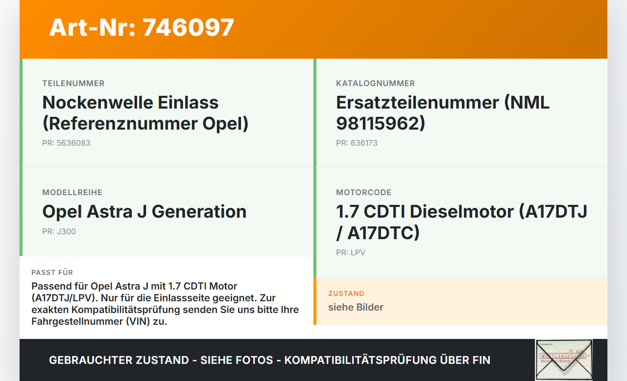 Opel Astra J 12-18 CDTI 1,6 81KW A17DTJ LPV Nockenwelle Einlass Opel Astra J 12-18 24.05.2012 98020450 5636083 gebraucht Vorschau 3