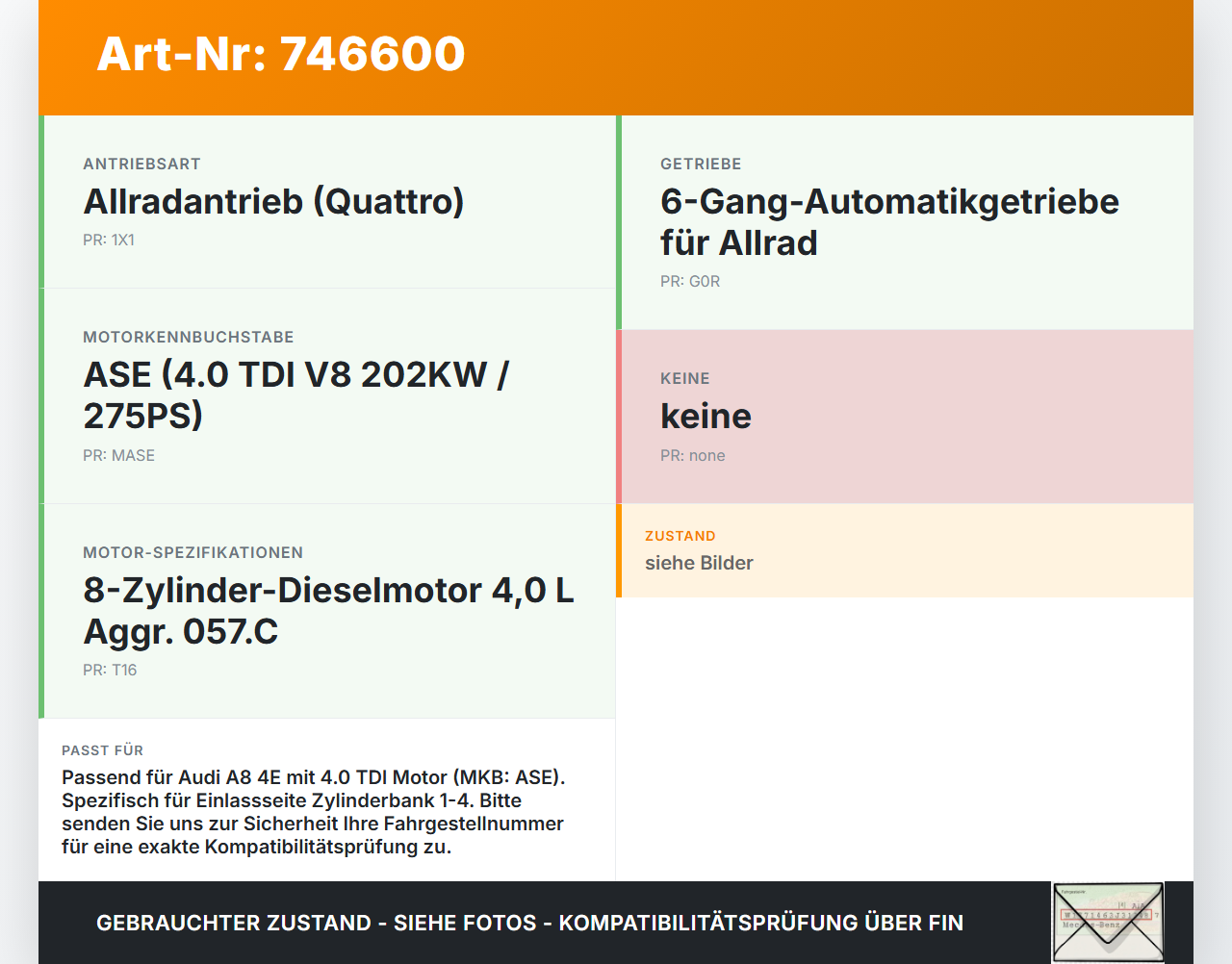 Audi A8 4E QU 02-06 TDI 4,0 202KW ASE Nockenwelle Einlass 1-4 Audi A8 4E QU 02-06 01.02.2005 057109009AB gebraucht Vorschau 3