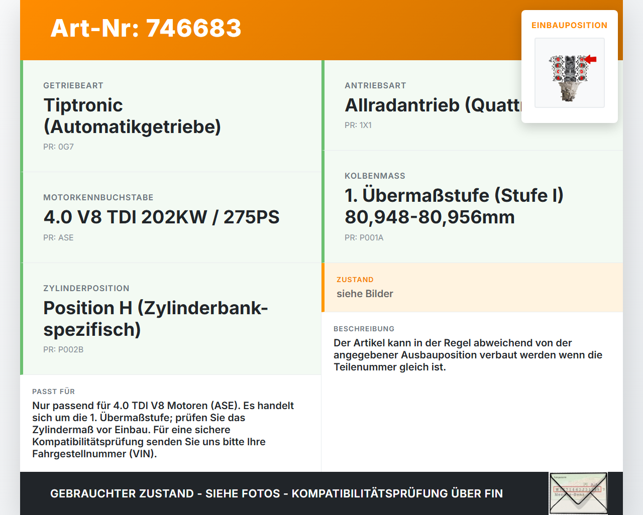 Audi A8 4E QU 02-06 TDI 4,0 202KW ASE Kolben mit Pleuel Pos H Audi A8 4E QU 02-06 01.02.2005 057107065H gebraucht Vorschau 3