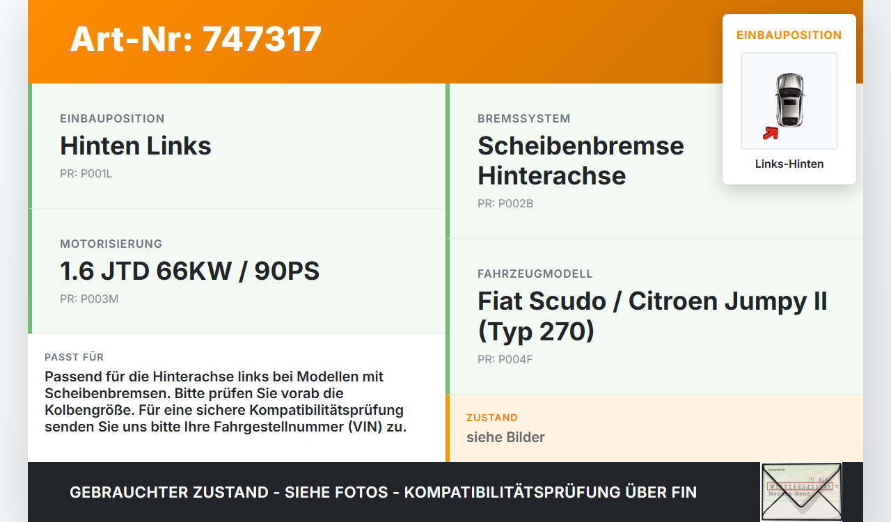 Fiat Scudo Jumpy II 270 07-16 JTD 1,6 66KW Bremssattel Bremszange Links Hinten Fiat Scudo Jumpy II 270 07-16... Vorschau 3