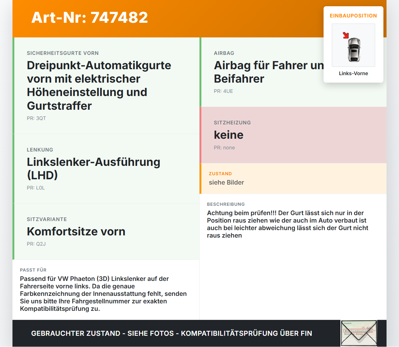 VW Phaeton 3D 01-07 Gurt Sicherheitsgurt m. Gurtstraffer für Fahrer Links Vorne VW Phaeton 3D 01-07 28.09.2004... Vorschau 3