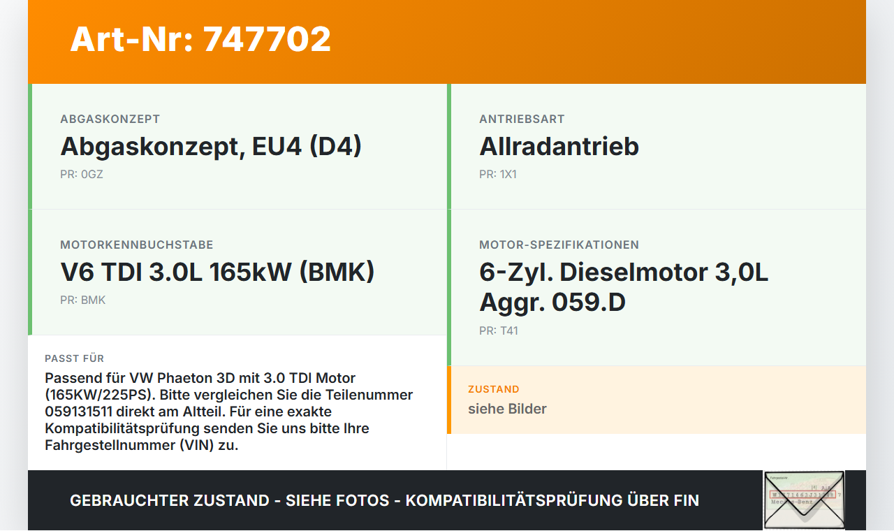VW Phaeton 3D 01-07 TDI 3,0 165KW Abgaskühlung für AGR VW Phaeton 3D 01-07 28.09.2004 059131511 gebraucht Vorschau 3