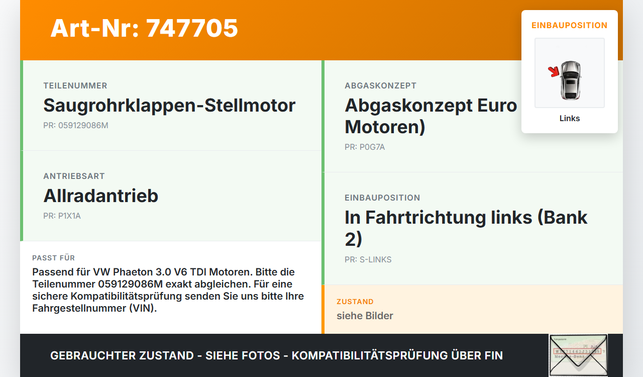 VW Phaeton 3D 01-07 Stellmotor für Drallklappen Links VW Phaeton 3D 01-07 28.09.2004 059129086M gebraucht Vorschau 3