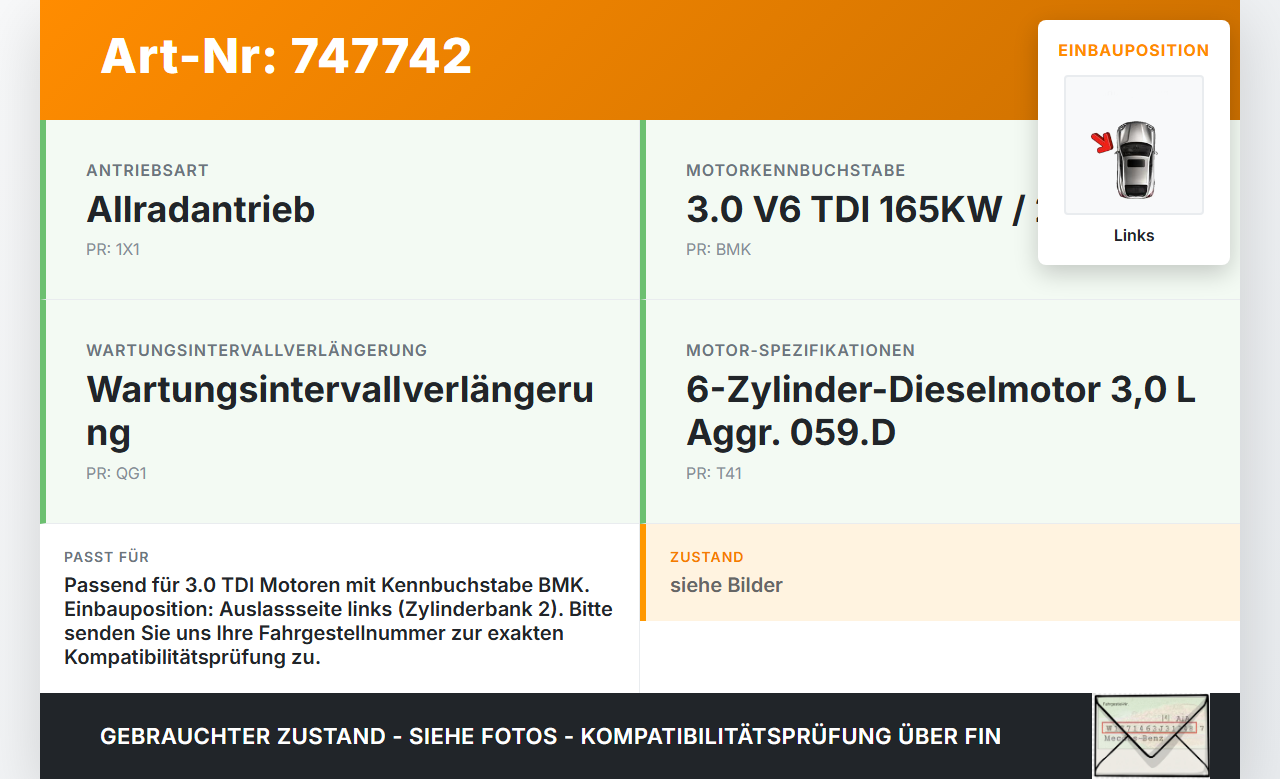 VW Phaeton 3D 01-07 TDI 3,0 165KW BMK Nockenwelle Auslass Links VW Phaeton 3D 01-07 28.09.2004 A6130501901... Vorschau 3