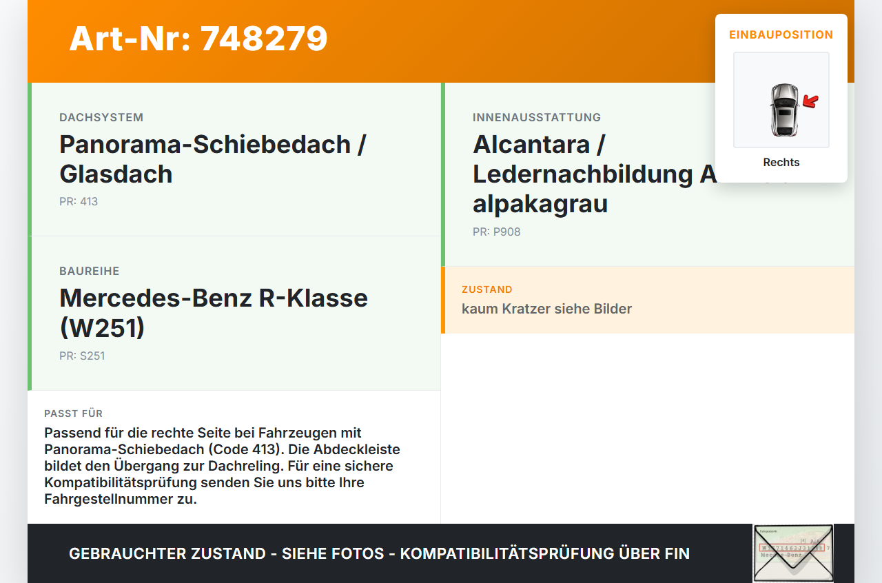Mercedes R320 W251 4M 06-10 Lang Abdeckleiste Umrandung Übergang für Panoramadach Dachreling Rechts Mercedes R320... Vorschau 3