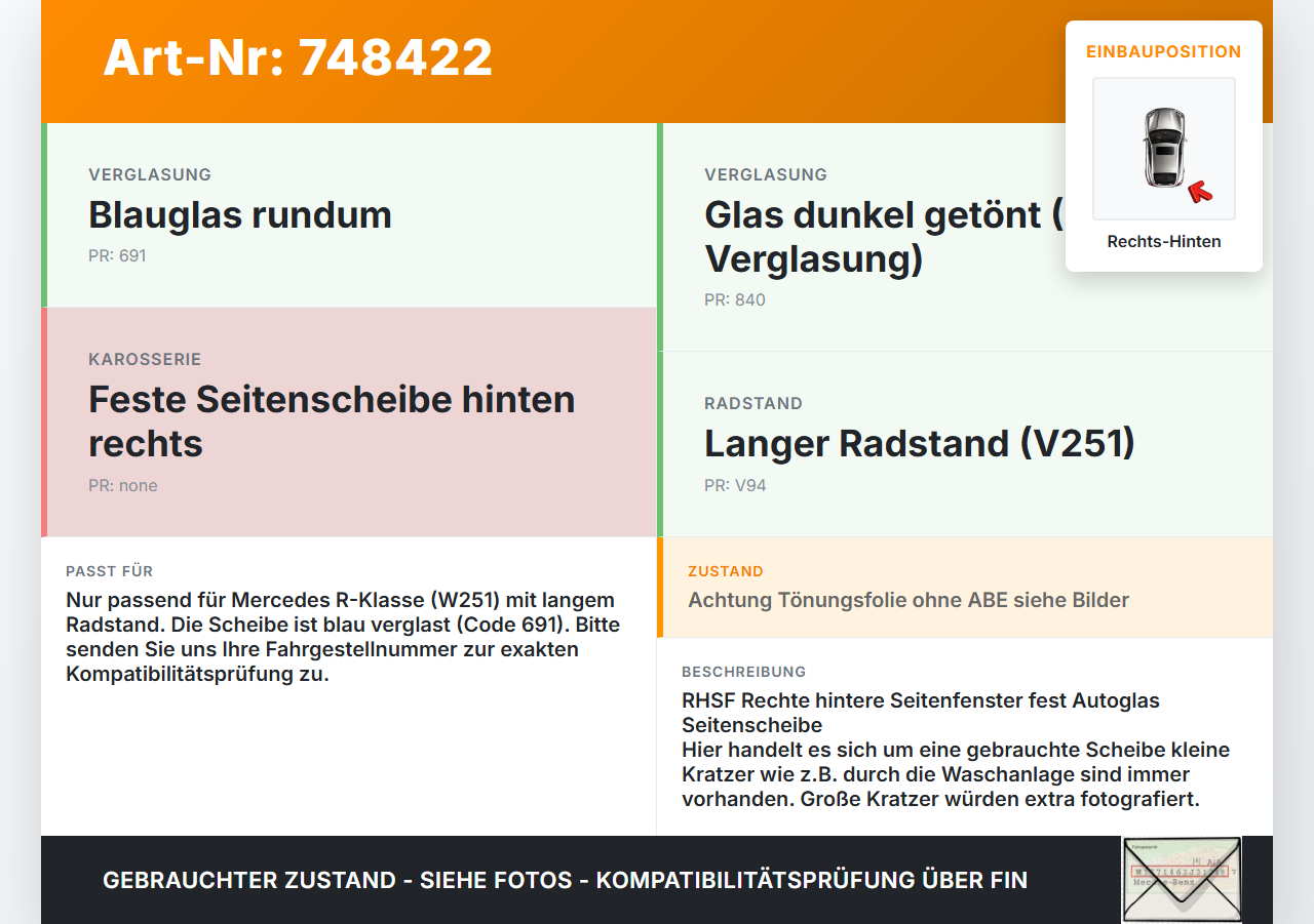 Mercedes R320 W251 4M 06-10 Lang RH Fest Seitenscheibe Scheibe Rechts Hinten Mercedes R320 W251 4M 06-10 27.09.2006... Vorschau 3