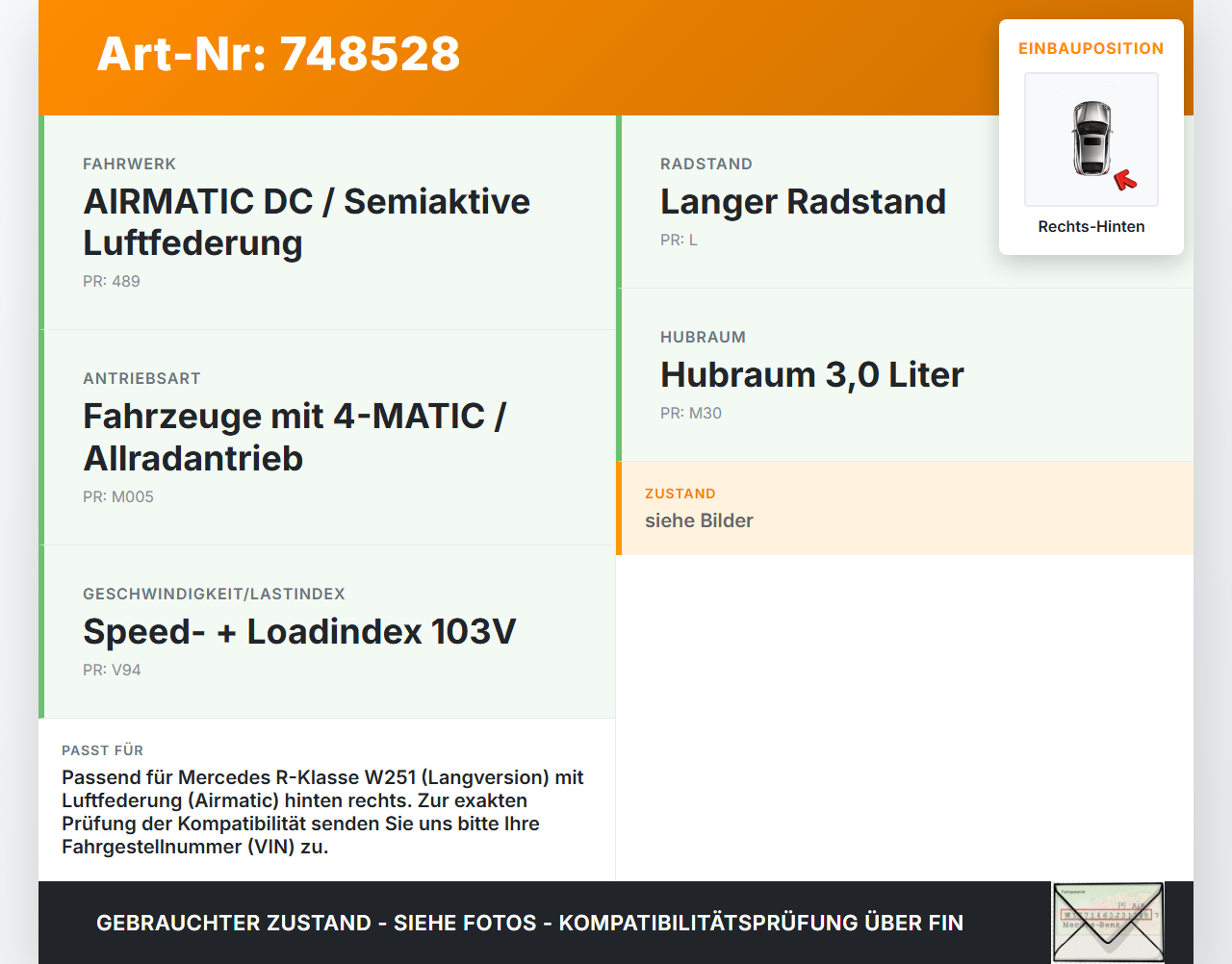 Mercedes R320 W251 4M 06-10 Lang Feder Luftfeder Luftbalg Hinten Rechts Mercedes R320 W251 4M 06-10 27.09.2006... Vorschau 3