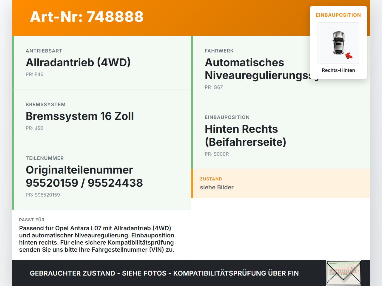 Opel Antara L07 07-11 CDTi 2,0 110KW Bremssattel Bremszange Hinten Rechts Opel Antara L07 07-11 29.02.2008 95520159... Vorschau 3