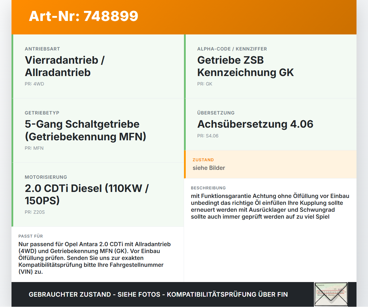 Opel Antara L07 07-11 CDTi 2,0 110KW 4WD MFN Schaltgetriebe Getriebe MFN 5G Opel Antara L07 07-11 29.02.2008... Vorschau 3