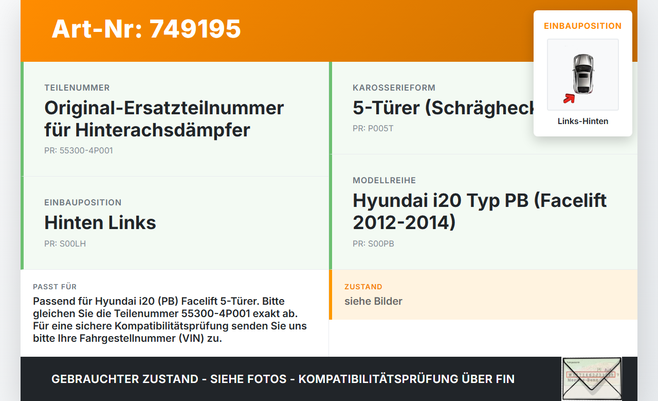 Hyundai I20 PB 12-14 5T Stossdämpfer Links Hinten Hyundai I20 PB 12-14 02.04.2014 55300-4P001 gebraucht Vorschau 3