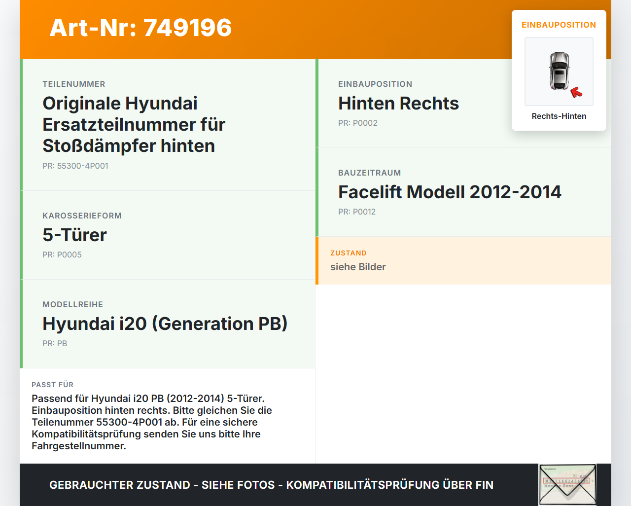 Hyundai I20 PB 12-14 5T Stossdämpfer Rechts Hinten Hyundai I20 PB 12-14 02.04.2014 55300-4P001 gebraucht Vorschau 3