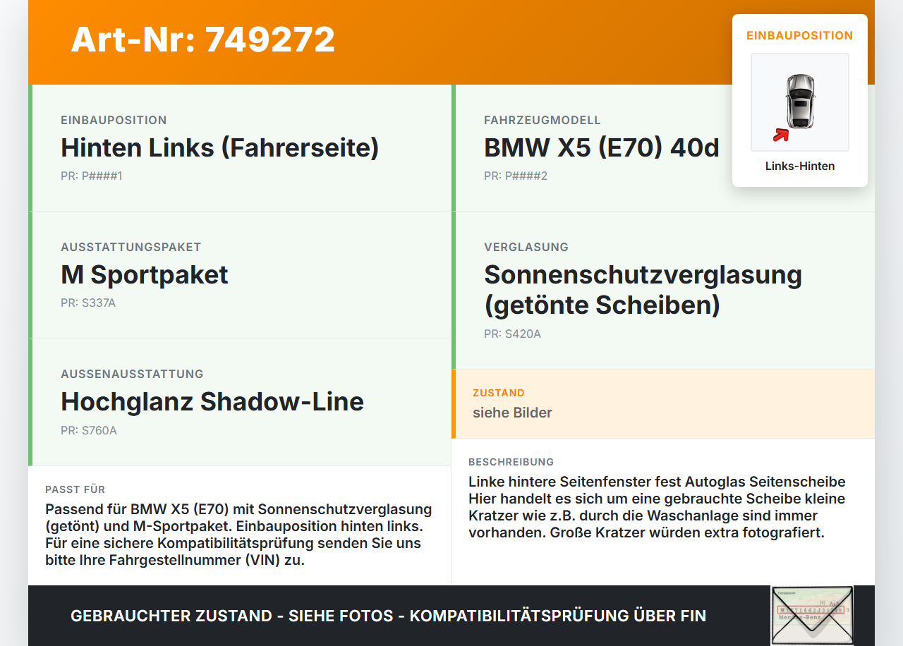BMW X5 40d E70 10-13 Feste Seitenscheibe Scheibe Links Hinten Highline Venus Orig. getönt BMW X5 40d E70 10-13... Vorschau 3