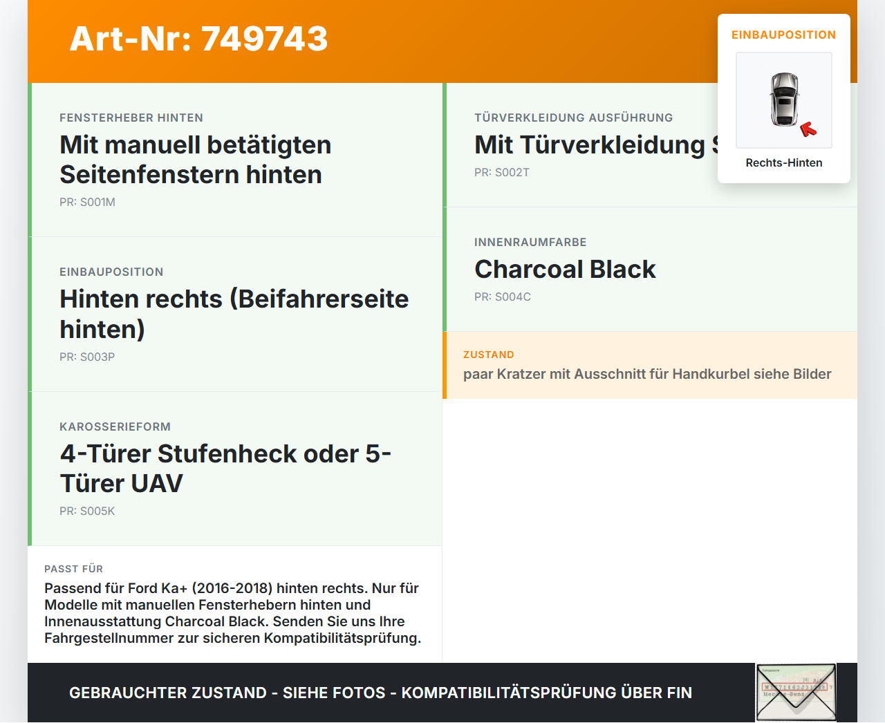 Ford Ka+ 16-18 Türverkleidung Türpappe Rechts Hinten Charcoal Black Ford Ka+ 16-18 20.10.2016 G1B5-A27406-CD35B8... Vorschau 3