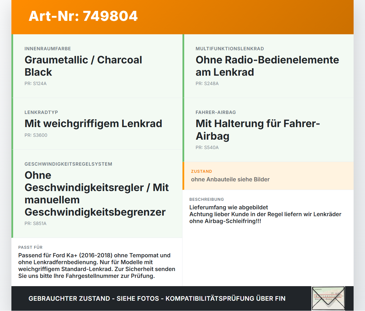 Ford Ka+ 16-18 Lenkrad ohne Airbag Ford Ka+ 16-18 20.10.2016 G1B5-3600-DA3 G1B5-3600-DA37AE 2019657 gebraucht Vorschau 3