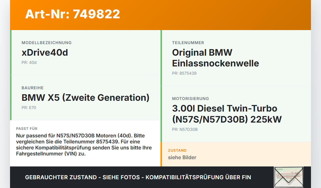 BMW X5 40d E70 10-13 3,0 225KW N57S N57D30B Nockenwelle Einlass BMW X5 40d E70 10-13 10.10.2011 1131-8575439... Vorschau 3