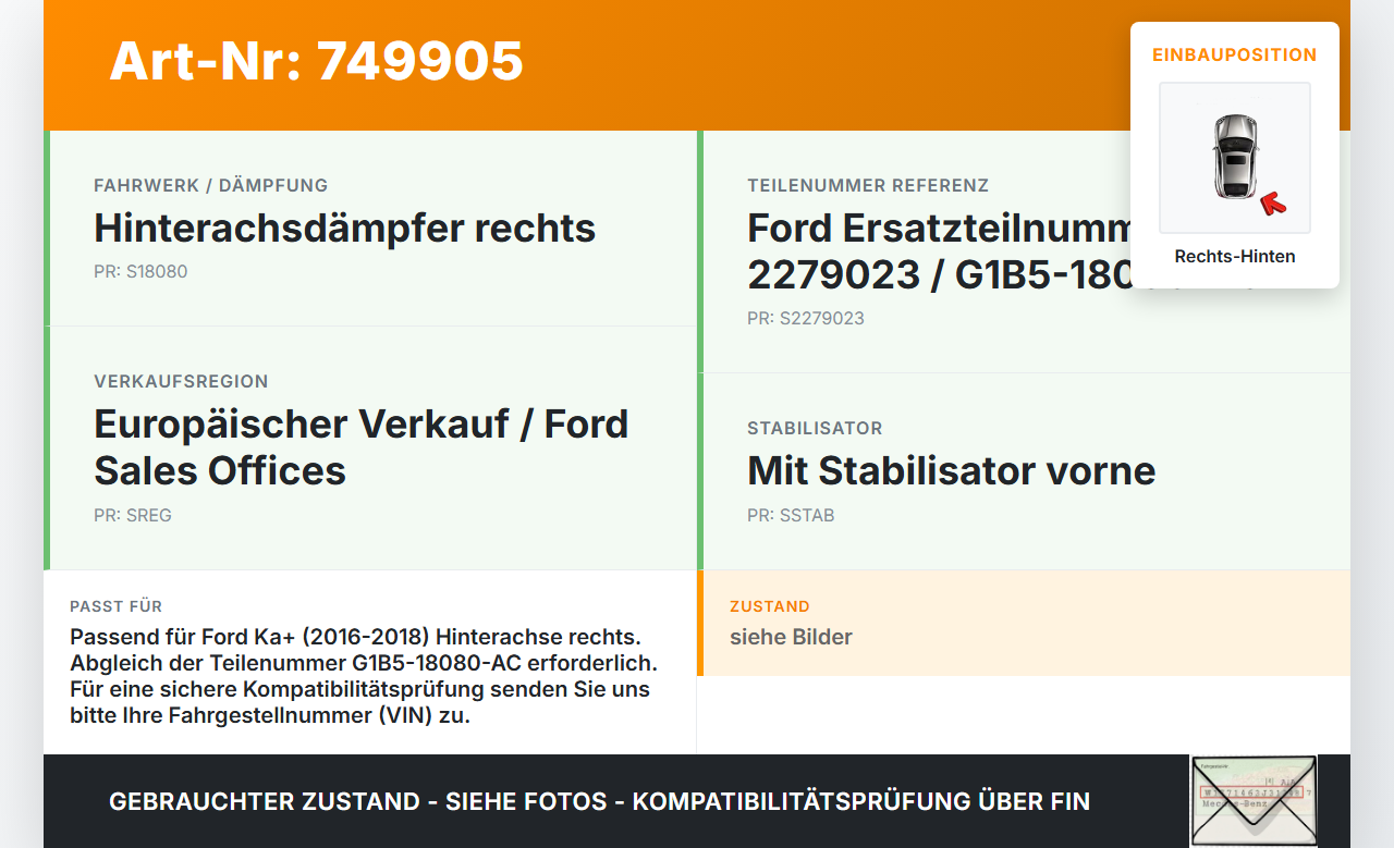 Ford Ka+ 16-18 Stossdämpfer Rechts Hinten Ford Ka+ 16-18 20.10.2016 G1B5-18080-AB G1B5-18080-AC 2279023 gebraucht Vorschau 3