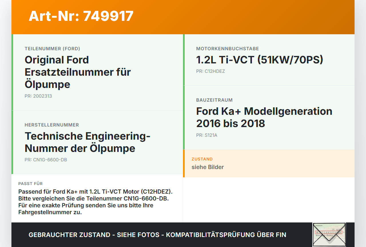Ford Ka+ 16-18 1,2 51KW C12HDEZ Ölpumpe Ford Ka+ 16-18 20.10.2016 CN1G-6600-DB 2002313 gebraucht Vorschau 3