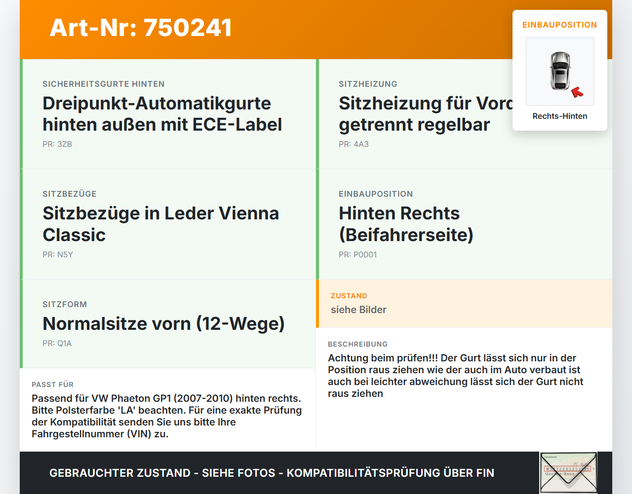 VW Phaeton 3D GP1 07-10 Gurt Sicherheitsgurt Rechts Hinten VW Phaeton 3D GP1 07-10 09.03.2007 3D0857806M 3D0857806J... Vorschau 3