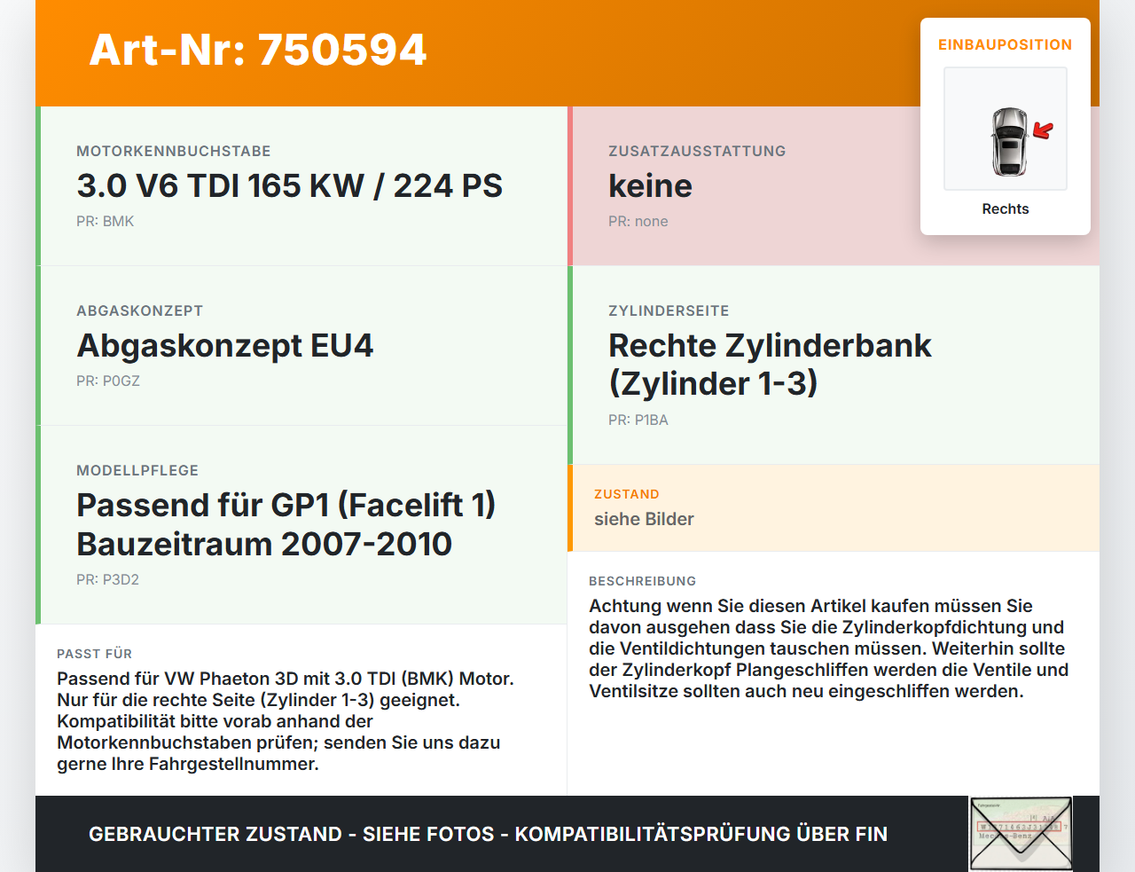 VW Phaeton 3D GP1 07-10 TDI 3,0 165KW BMK Zylinderkopf Rechts VW Phaeton 3D GP1 07-10 09.03.2007 059103064CK gebraucht Vorschau 3
