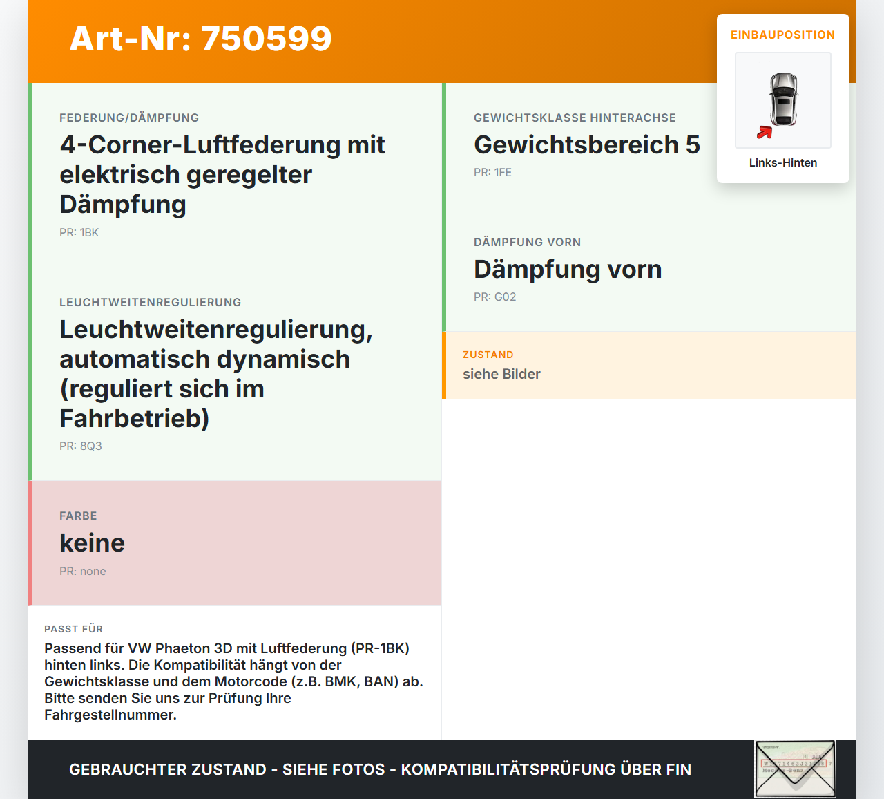 VW Phaeton 3D GP1 07-10 Stossdämpfer Federbein Hinten Links für Luftfahrwerk VW Phaeton 3D GP1 07-10 09.03.2007... Vorschau 3