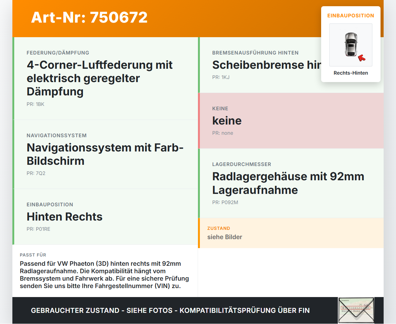 VW Phaeton 3D GP1 07-10  TDI 3,0 165KW Achsschenkel Radnabe mit ABS Rechts Hinten 92MM VW Phaeton 3D GP1 07-10... Vorschau 3