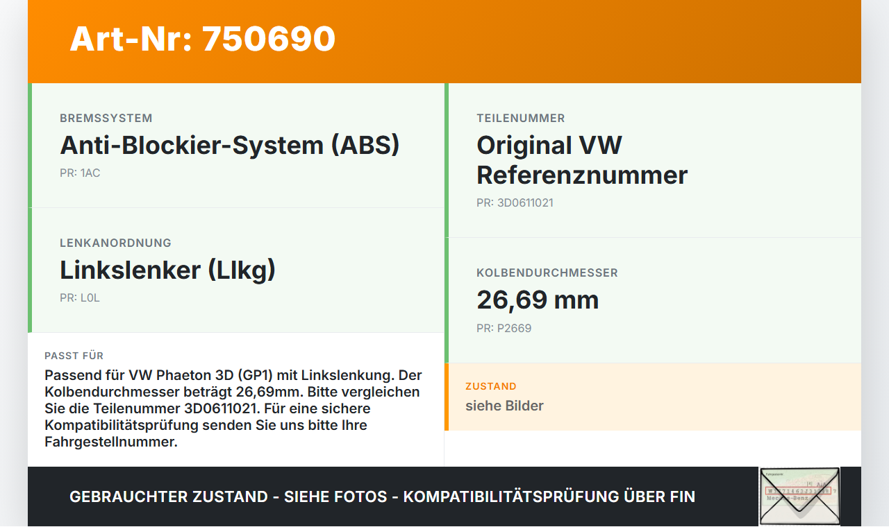 VW Phaeton 3D GP1 07-10 Hauptbremszylinder Bremszylinder 26,69MM VW Phaeton 3D GP1 07-10 09.03.2007 3D0611021 gebraucht Vorschau 3