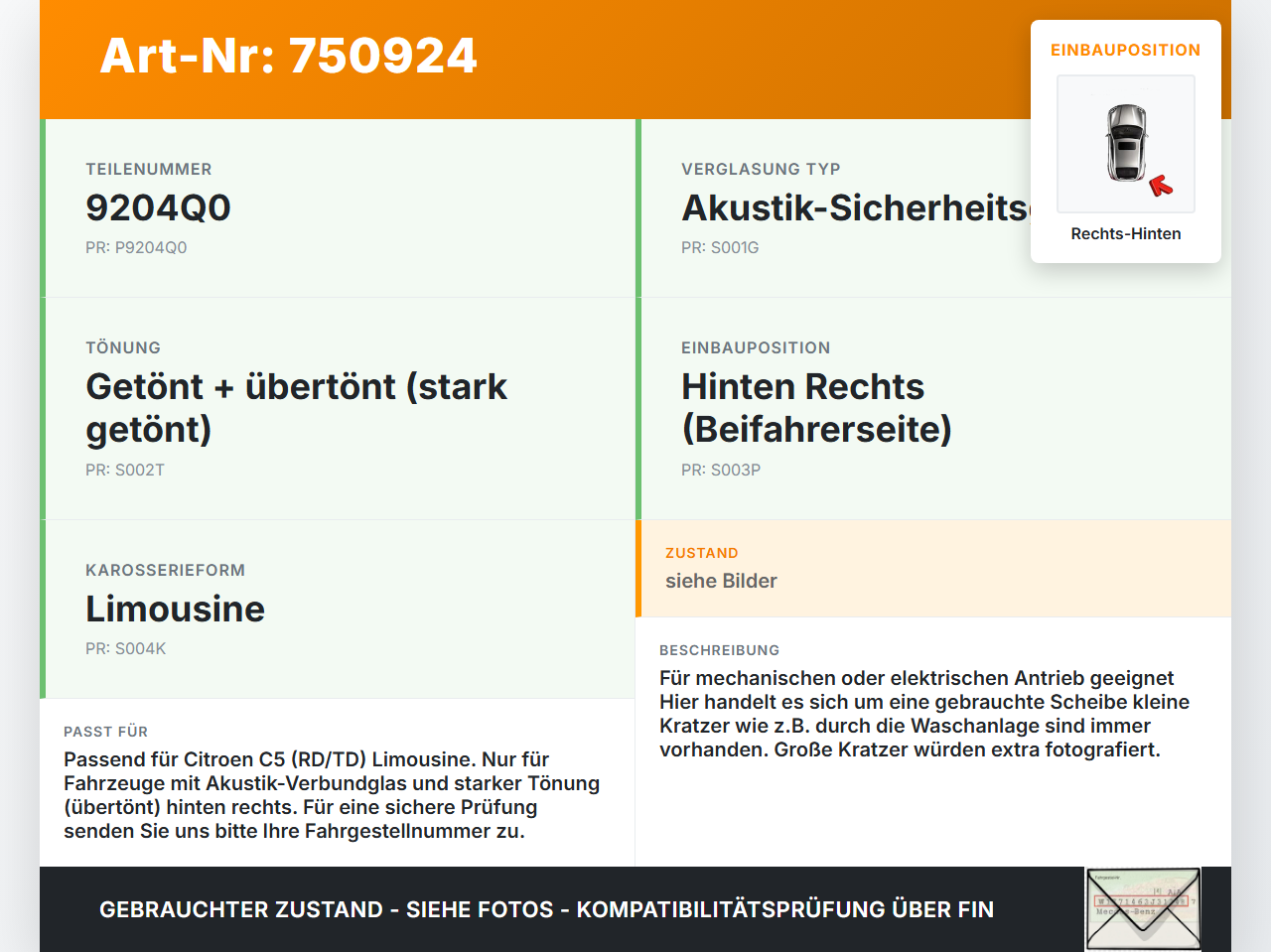 Citroen C5 RD TD 08-10 Lim RHK Seitenscheibe für Tür Türscheibe Rechts Hinten Citroen C5 RD TD 08-10 08.08.2008... Vorschau 3