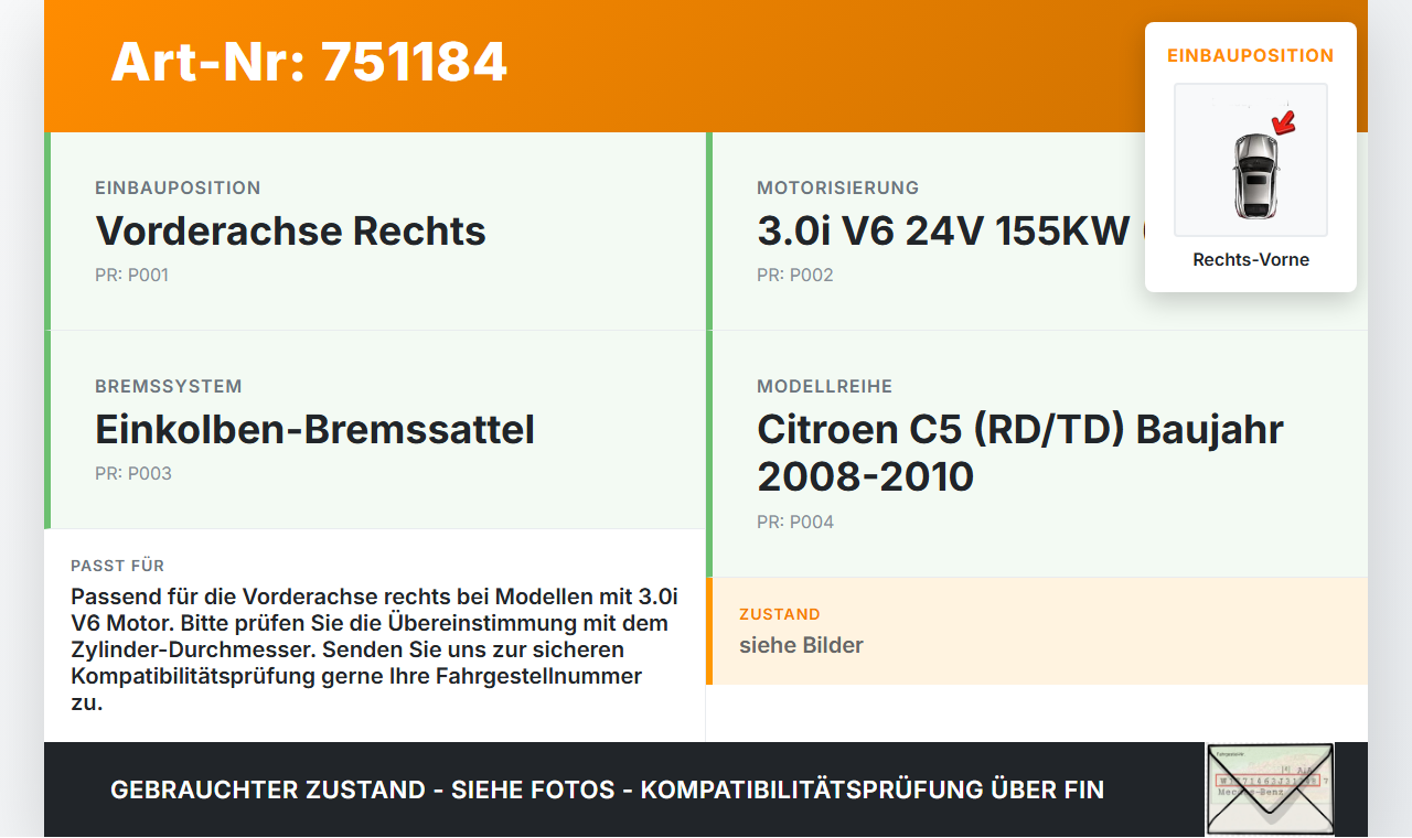 Citroen C5 RD TD 08-10 3,0i 155KW Bremssattel Bremszange Vorne Rechts Citroen C5 RD TD 08-10 08.08.2008 1651755180... Vorschau 3