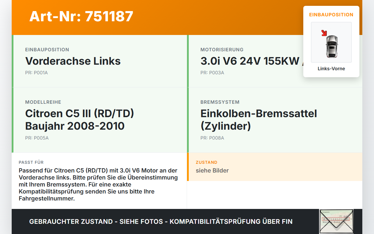 Citroen C5 RD TD 08-10 3,0i 155KW Bremssattel Bremszange Vorne Links Citroen C5 RD TD 08-10 08.08.2008 1651755080... Vorschau 3